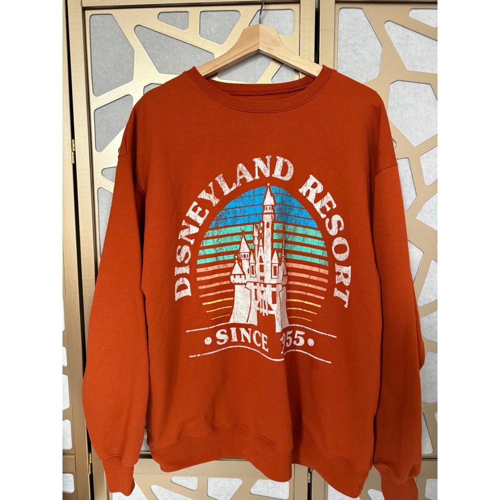 Disney Disneyland Resort Since 1955 Orange Graphic Sweatshirt Large Retro Castle - Picture 2 of 7